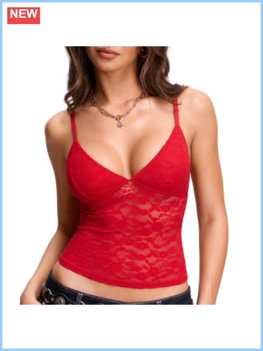 Plunge V-Neck Lace Camisole Tank Top Slim Fit Adjustable Spaghetti Strap